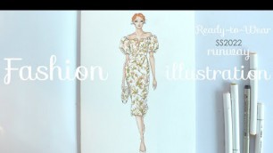 'HOW TO DRAW FLORAL PRINTS with markers fashion illustration runway figure SS22 by Markarian NYFW'