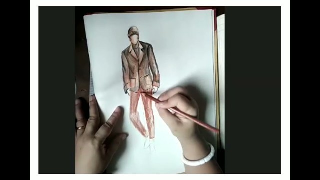 'Man fashion figure drawing and casual wear rendering with colour pencil.'