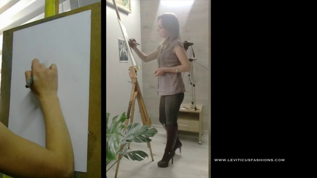 'ARTIST FASHION MODEL HALINA BURKO DRAWING SKETCH 01 URBAN ANGEL 2 LEATHER THIGH BOOTS STYLE OUTFIT'