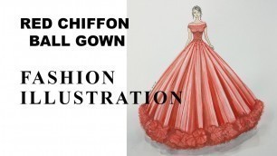 'Fashion Drawing: Red Chiffon Ball Gown - Illustration'