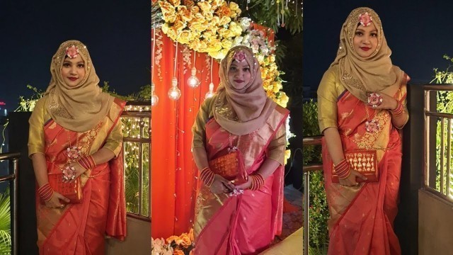 'Hijab Tutorial with Floral Ornaments|| Haldi Program Hijab Style with Saree (2021)||'