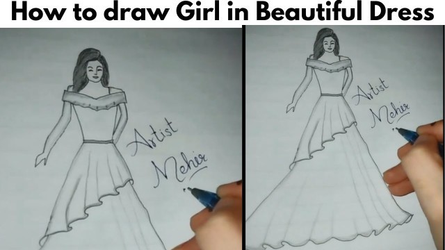 'How to draw Girl in Beautiful Dress|How to Draw a Fashion Girl|Dress design drawing model|BarbieDoll'