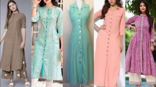 '2k21 Eid Summer\"Trendy Fashion long Kurti with side silte\" loop button\"front open Kurti silai detail'