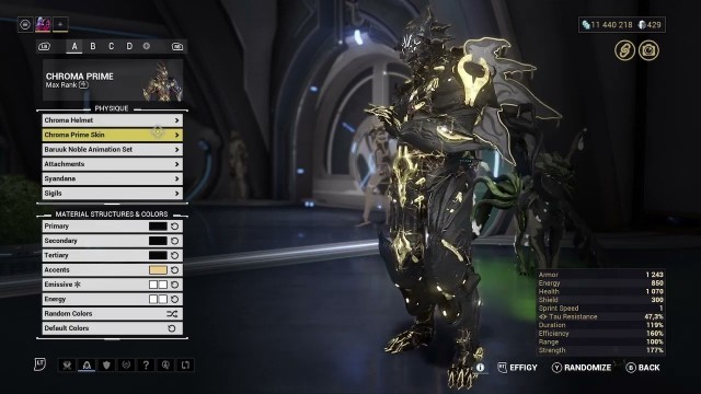 'warframe 1st skin CHROMA PRIME fashion frame detailed'