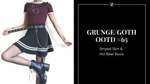 'Grunge Goth OOTD #65 ~ Striped Skirt & Ithil Biker Boots'