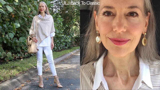 'Makeup Chat; Taupe Poncho, Booties, White Skinny Jeans OOTD /Classic Fashion, Style Over 40, 50'