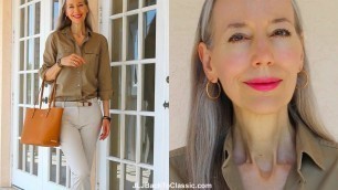 'Olive Shirt, Khaki Pants, Cognac Tote, Tory Burch Flats OOTD / Classic Fashion, Style Over 40, 50'