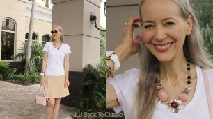 'Khaki Skirt, White Tee, Tory Burch Crossbody,  Ballet Flats OOTD/ Classic Fashion, Style Over 40, 50'