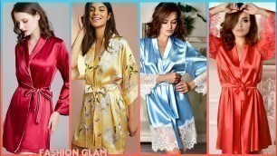 'Silk Short Sleep Wear Kimono/Self Belted Satin Night Lace Gowns/Bridesmaid Robes/Bridal Night Wear'