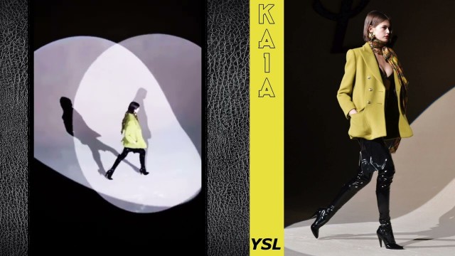 'Kaia Jordan Gerber \"YSL\" Black Leather Boots with Yellow Blazer Fierce Style Runway Walk and Photos'