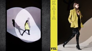 'Kaia Jordan Gerber \"YSL\" Black Leather Boots with Yellow Blazer Fierce Style Runway Walk and Photos'